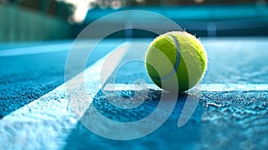 Close-up of tennis ball on blue tennis court. Vivid colors. Sports photography. Perfect for athletic themes. AI photo