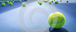 A close-up of the tennis ball on the court. The blue background is a beautiful illustration and background. Close-up shots of tenn