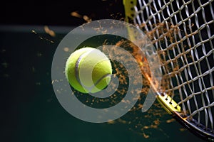 close-up of a tennis ball hitting the racket strings