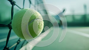 Close-up of a tennis ball on the net with a blurred player in the background, capturing the dynamic essence of a tennis match