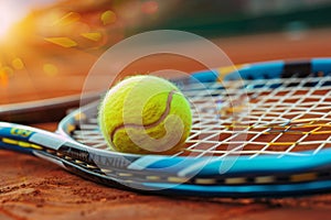 Close-up of Tennis Ball on Racket on Clay Court: A Perfect Shot for Sports and Active Lifestyle Themes. Genrative Ai