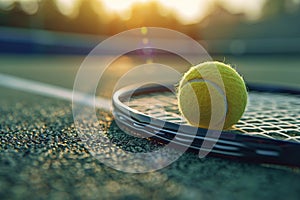 Close-up of Tennis Ball on Racket on Clay Court: A Perfect Shot for Sports and Active Lifestyle Themes. Genrative Ai