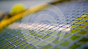 Close up of tennis equipment on the court. Sport, recreation concept.