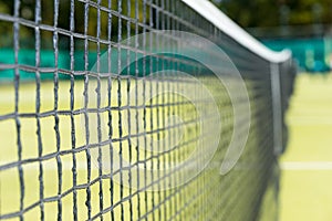 Close up of tennis net on the background of grass courts