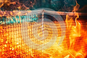 close up of tennis net, blur background. Fire effect.