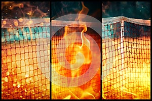 close up of tennis net, blur background. Fire effect.