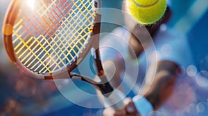Close-up of a tennis player serving the ball, focusing on the racket and ball with vibrant backlighting and bokeh effect photo