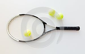 Close up of tennis racket with balls