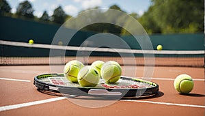 Tennis rackets and tennis balls lying on tennis court. sport, tennis and activity. Generated with AI