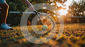 close up of tennis raquet in hand and ball on a green grass summer field