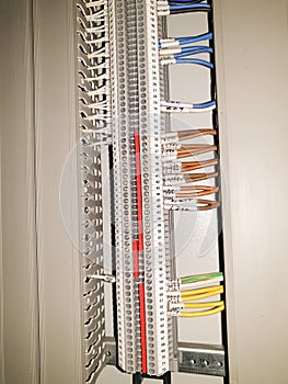 Close-up of terminal connection of wires in industrial power engineering. Distribution cabinet with terminal box. Connecting elect photo