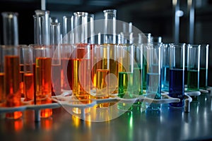 close-up of test tubes and beakers in science lab