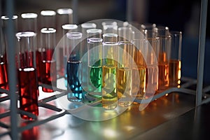 close-up of test tubes and beakers in science lab