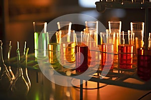 close-up of test tubes and beakers in science lab