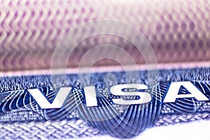 Close up of text visa on USA visa stamp in passport