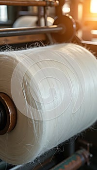Close-up of textile machine spinning white yarn within workshop. Industrial equipment creates continuous thread. This image