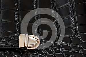 Close-up texture of black handbag from genuine leather with embossed under the skin of reptile, gold lock. For