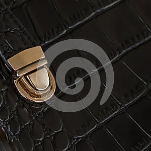 Close-up texture of black handbag from genuine leather with embossed under the skin of reptile, gold lock. With place