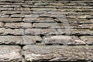 Close up of texture of wet, weathered roof slates