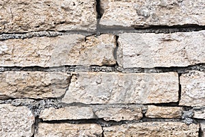 Close-up textured background is an irregular natural stone wall made of different stones without a cement-type bonding