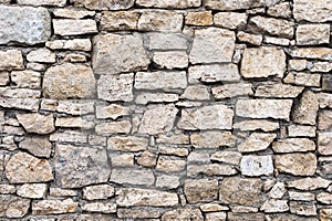 Close-up textured background is an irregular natural stone wall made of different stones without a cement-type bonding