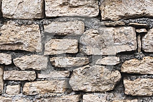 Close-up textured background is an irregular natural stone wall made of different stones without a cement-type bonding