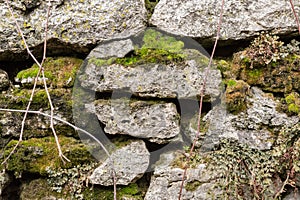 Close-up Textured background irregular natural stone wall is made of different stones with elements of natural