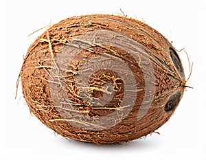 Close Up of a Textured Brown Coconut on a Clean White Background Natural Light