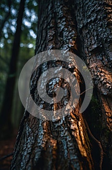 Golden Sunlight on Tree Bark Texture in Forest