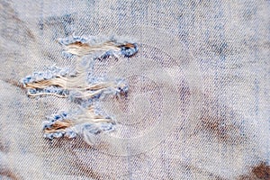 Close up of Textures ripped torn denim light blue jeans textile fabric background