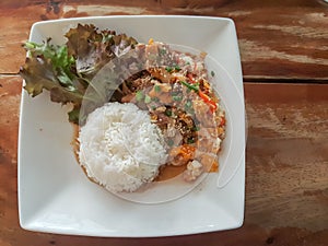 Close-up,Thai food style:& x22;Kaow Moo Tun Pad Thai& x22;fied pork