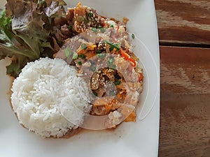 Close-up,Thai food style:& x22;Kaow Moo Tun Pad Thai& x22;fied pork,egg