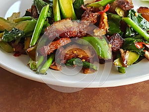 Close-up,Thai food style:Stir-fried kale with crispy pork