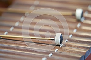 Close up of Thai old music instrument vintage classical wooden xylophone