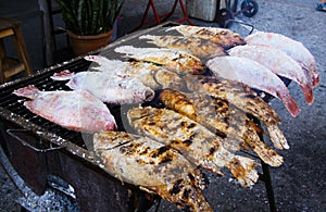 Close up of thai street food barbecue with salted fishes on charcoal grill - Bangkok, Thailand