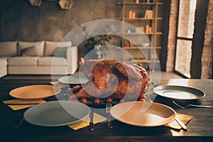 Close up thanks giving concept photo of big baked roast turkey in middle of holiday feast table empty plates around in