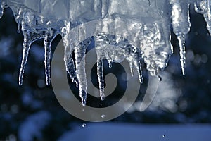 close up of thick blue ice and many icicles