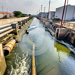 close up of thick industrial wastewater discharge pipes into canals and the sea