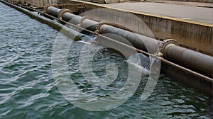 close up of thick industrial wastewater discharge pipes into canals and the sea