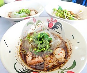 Close up Thicken Soup Noodles Sliced Pork with Pork Ball