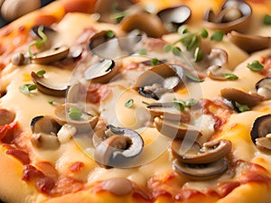 Close-up of thin-crust pizza with cheese, tomato and basilic