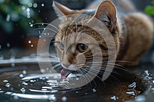 Close-up of a thirsty Abyssinian cat lapping up water droplets, with sharp focus on its eyes.