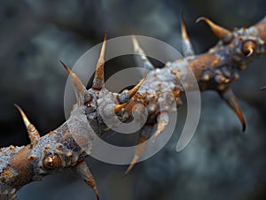 Close-up of thorny branch covered in rust