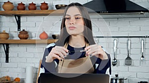 Close up thoughtful woman housewife thinks solution problem holiday food menu