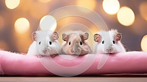 Close-up of three adorable hamsters, focus on their faces, with a bokeh light background.