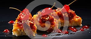 Close up of three cherrytopped desserts on a table