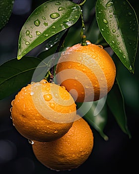 close-up of three clementines hanging from a tree