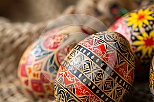 a close up of three colorful easter eggs on a table