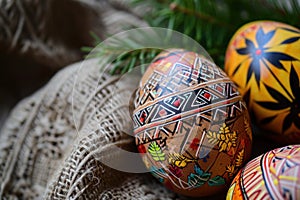 a close up of three colorful easter eggs on a table