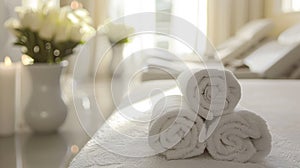 A close up of three folded towels on a bed in front of vases, AI